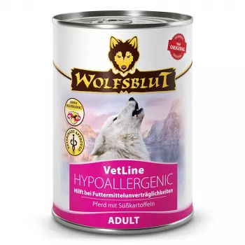 Wet dog food Wolfsblut VetLine Hypoallergenic Horse 395 g can, complete feed for adult dogs, protein 10%, fat 4.5%, moisture 80%