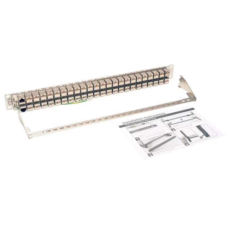 Tripp N254-048-SH-6A 48 Ports 1 HE rack mounting shielded Cat6a STP Feed-Through Patch Panel - RJ45 Ethernet - TAA - 10 Gigabit Ethernet - RJ-45 - Cat6a - Silver - White - Rackeinb