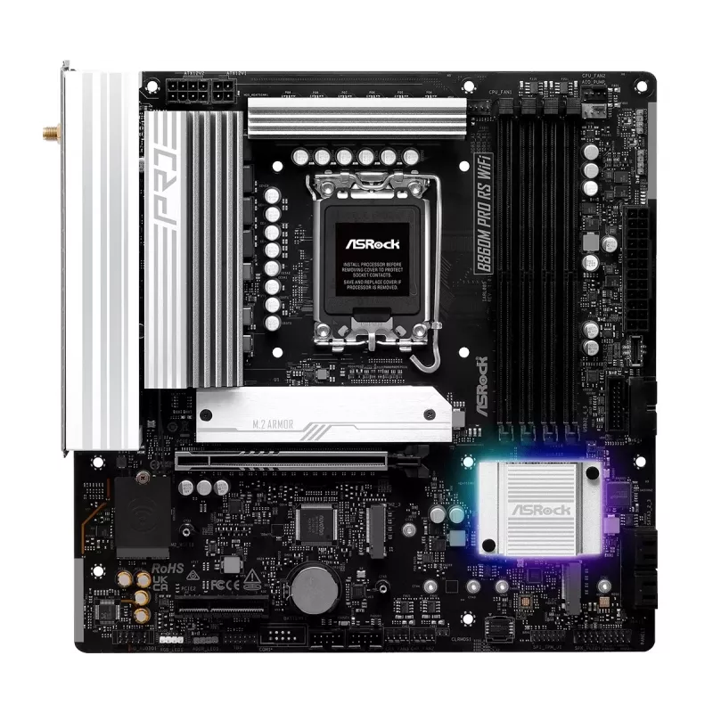 Motherboard ASRock B860M Pro RS WiFi — Intel B860, LGA 1851, micro ATX, DDR5, 4 DIMM, 3x M.2, 2.5Gb LAN, Wi‑Fi, Bluetooth