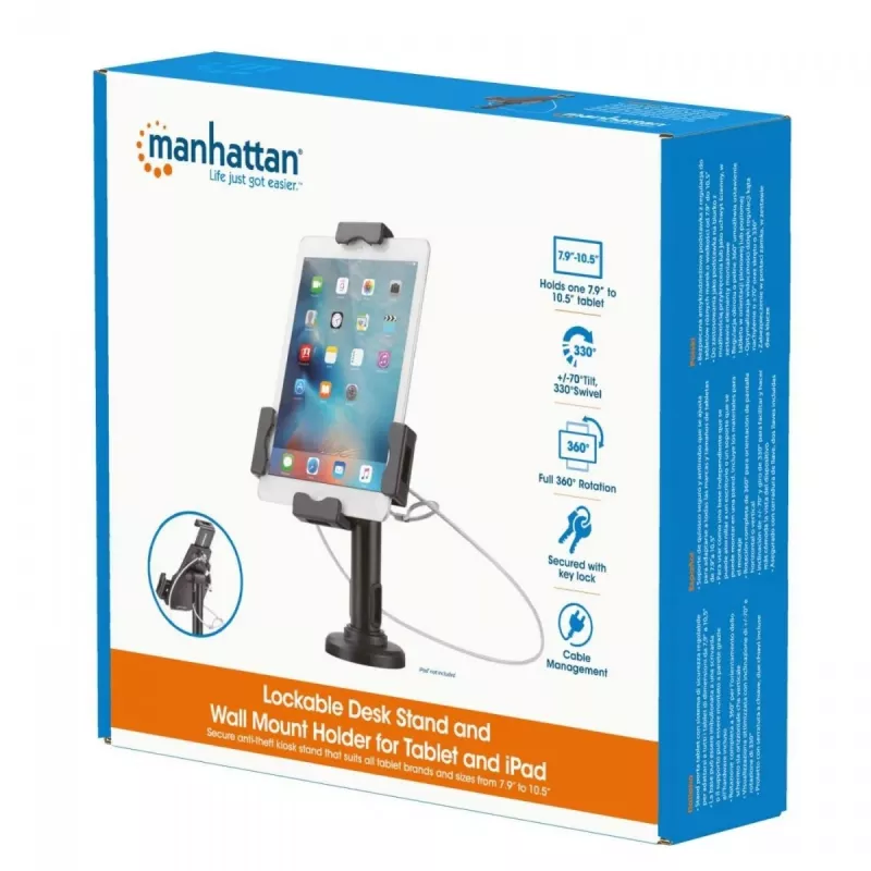 Manhattan iPad & Tablet Desk Stand, Lockable, Wall Mountable, Secure Anti-Theft, 7.9 inch to 10.5 inch tablets, 360° Rotation, +/- 70° Tilt, 330° Swivel, Black, Lifetime Warranty