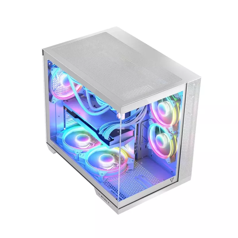 PC case MODECOM Volcano Panorama Midi Tower white — micro ATX, tempered glass, ARGB, USB-C, supports GPU 400 mm