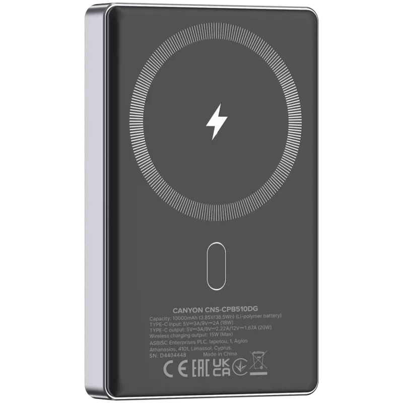 Canyon OnCharge 510 - Powerbank - 10.000 mAh - in USB-C - out USB-C PD 20W + Wireless Magnet