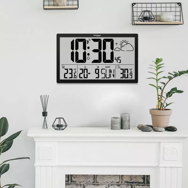 Wall clock GreenBlue GB218 — extra large LCD, weather station, indoor/outdoor temperatures, date display