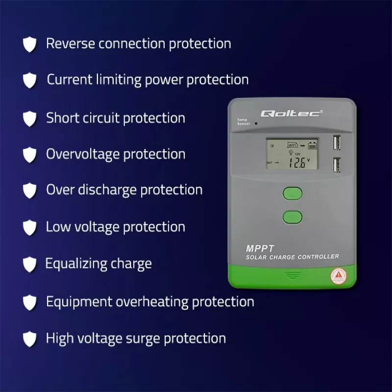 Qoltec, solar MPPT charge controller with temperature sensor 20A 12V/24V Display LCD 2 X USB