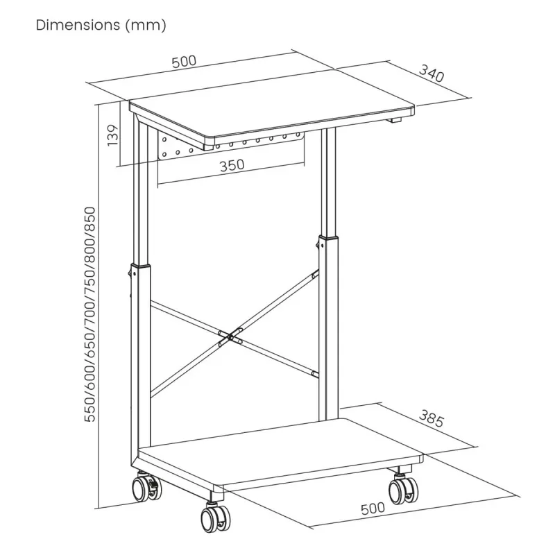 MACLEAN RS430 Mobile CPU Trolley Stand with NanoRS Shelf, 80kg Capacity, Adjustable Height 550-850mm, Black