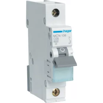 Hager MCN106. Number of Poles: 1P. AC Input Frequency: 50/60 Hz, Nominal Current Output: 6 A. Width: 17,5 mm, Depth: 70 mm, Height: 83 mm (MCN106)