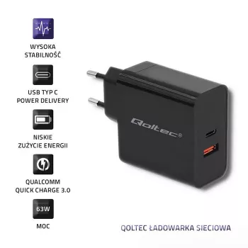 Power adapter QOLTEC 51716 — AC 220–240V to 20V 3A (63W), black, indoor universal charger
