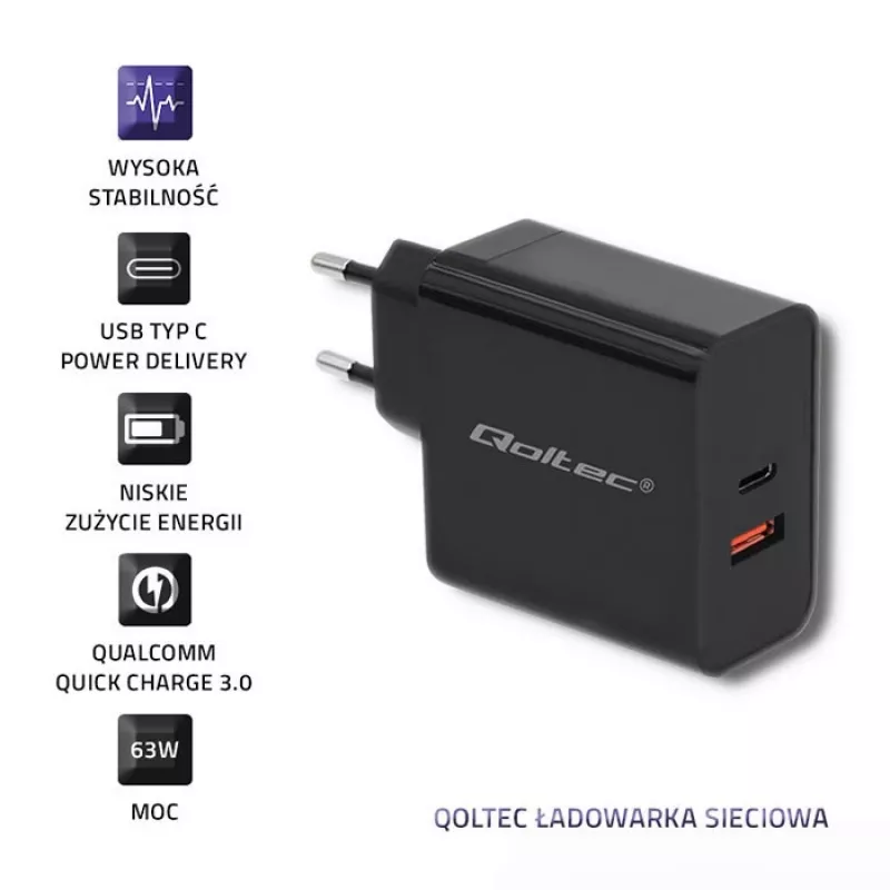 Power adapter QOLTEC 51716 — AC 220–240V to 20V 3A (63W), black, indoor universal charger
