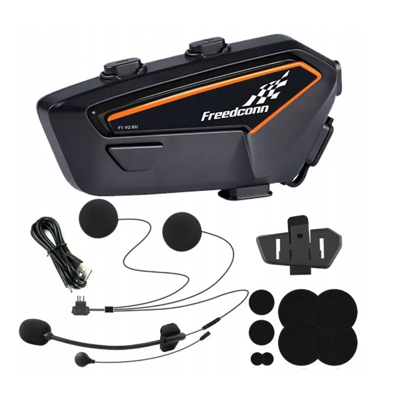 Headset FreedConn F1 V2 EU — Bluetooth 5.2, IP65, 1100 mAh battery, up to 48 h talk time, FM radio, microphone, clip