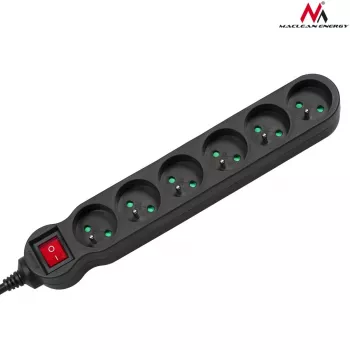 Power extension MACLEAN MCE225 — 1.5 m cable, 6 Type F AC outlets, indoor, black