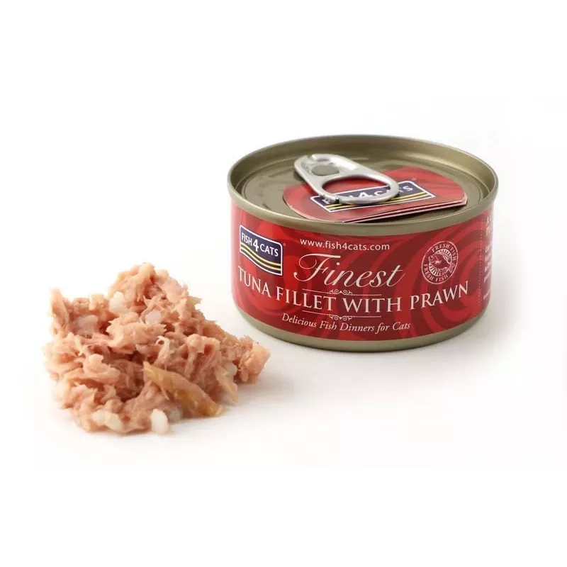 Wet cat food FISH4DOGS Tuna fillet with prawn 70 g — canned wet food, 83% moisture, 14% protein, gluten- and soy-free