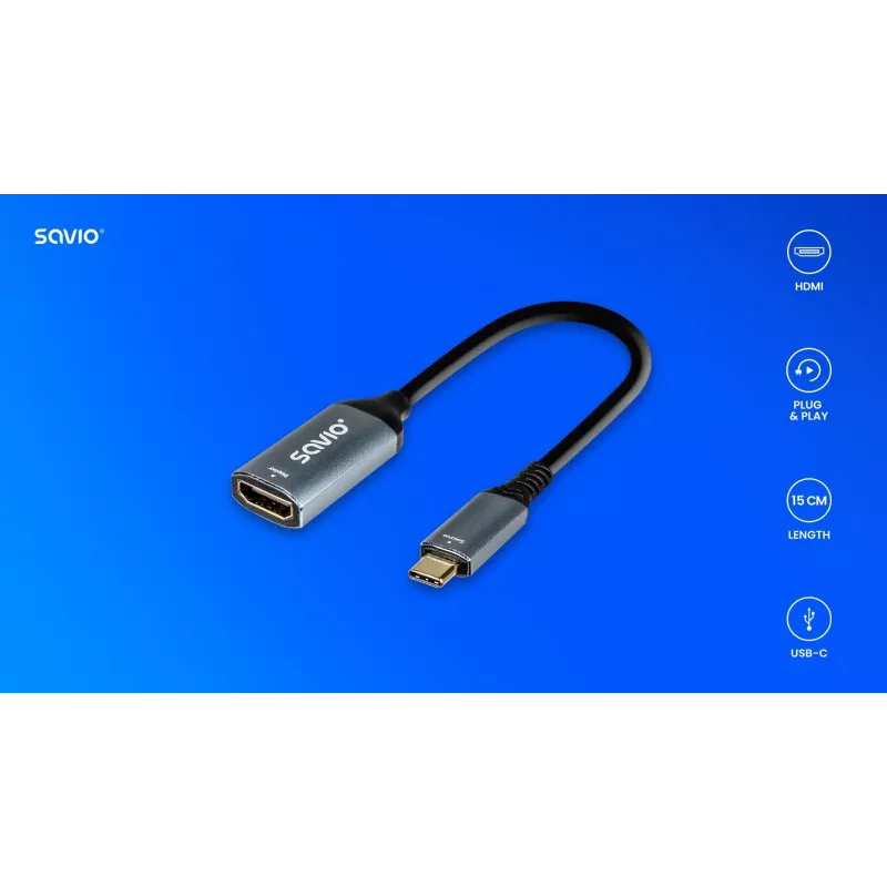 Savio Adapter USB-c (M) HDMI (f), 4K, 60Hz, Aluminium, AK-78