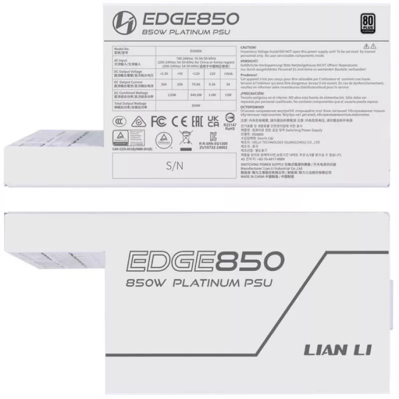Power Supply Unit Lian Li EG0850 850 W SFX, 20-pin ATX, 80 PLUS Gold, White