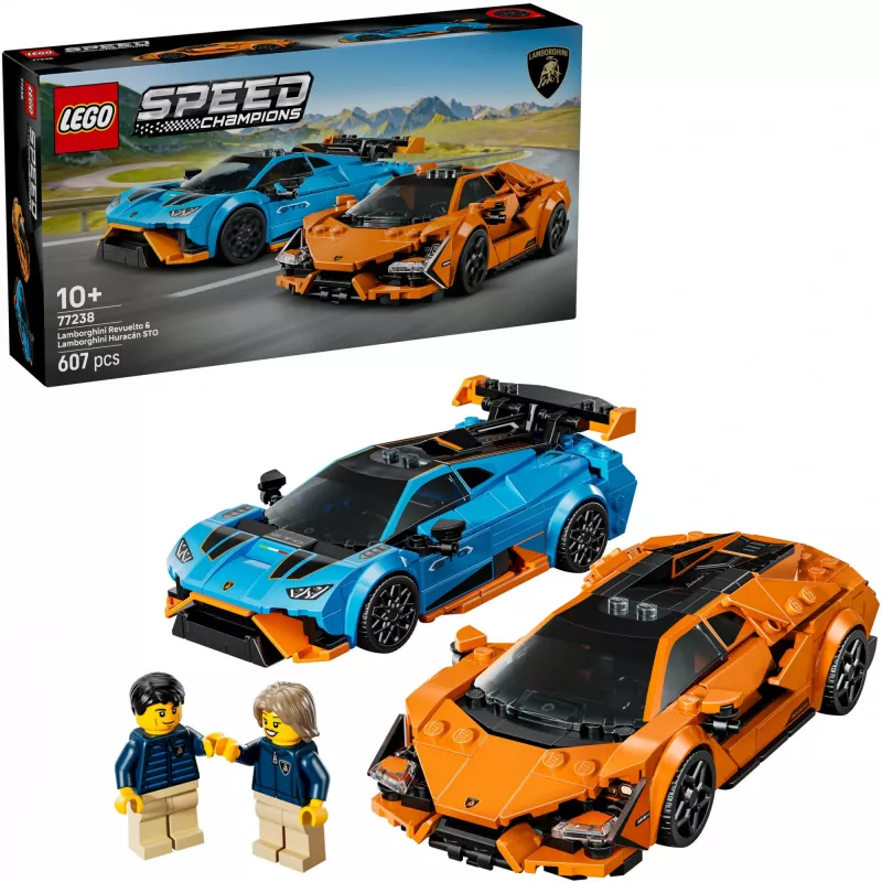Construction toy LEGO Speed Champions set 77238 — Lamborghini Revuelto & Huracán STO, 607 pieces, 2 minifigures, recommended age 10+