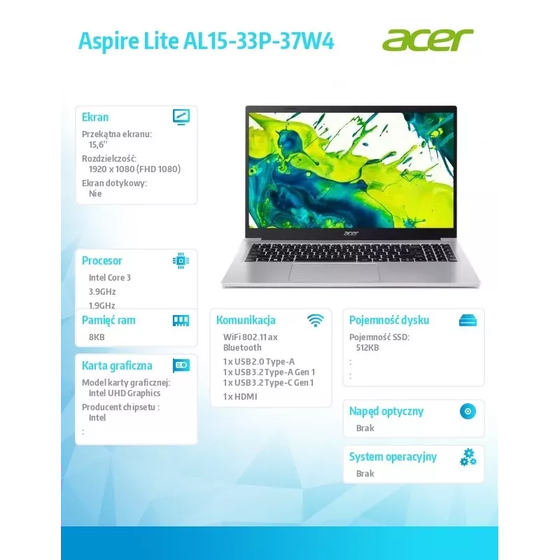 Laptop Acer Aspire Lite Core i3 N355, 15.6 inch display, 8GB RAM, 512GB SSD, No OS