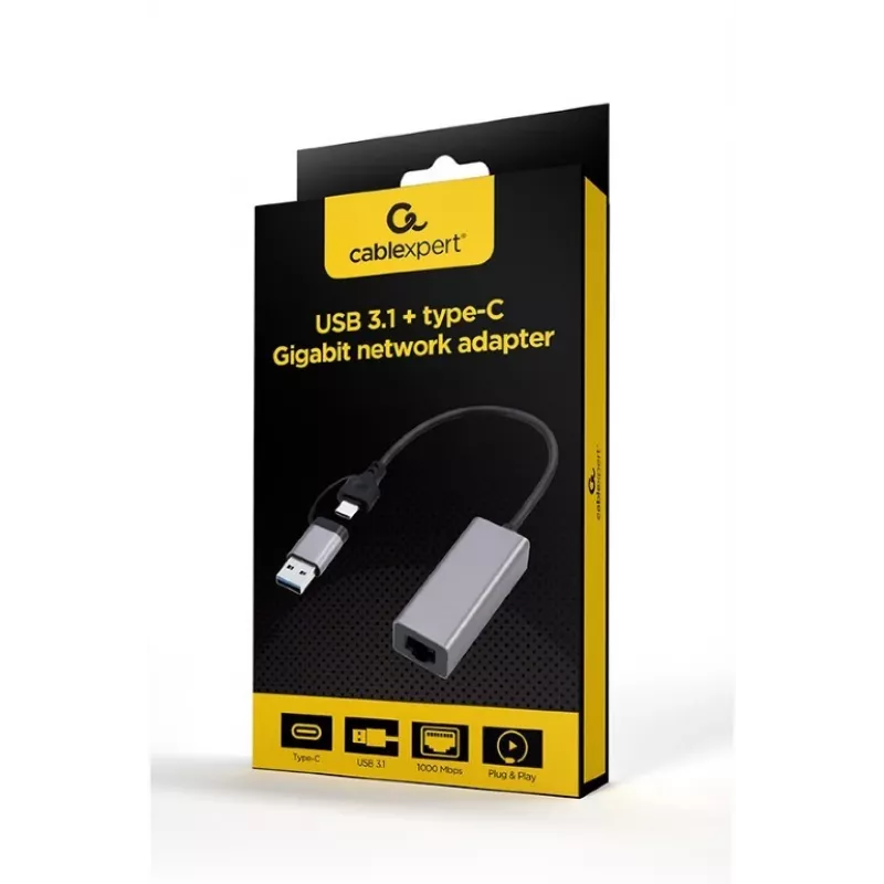 USB 3.1 Type-C Gigabit Network Adapter Gembird A-USB3AC-LAN-01 — 1× RJ-45, 1000 Mbps, USB 3.2 Gen 1, metal housing, grey