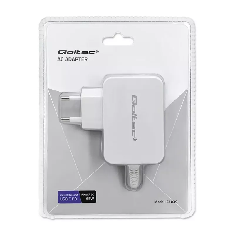 Power adapter QOLTEC 51039 65W AC-to-DC 220–240V 20.3V/3.25A Type C white, 1.7 m cable