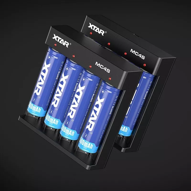 XTAR MC4S 4-slot desktop battery charger for cylindrical Li-ion 18650 and NiMH (A/AA/AAA/AAAA/C/D), 1 A output, 5 V input, black