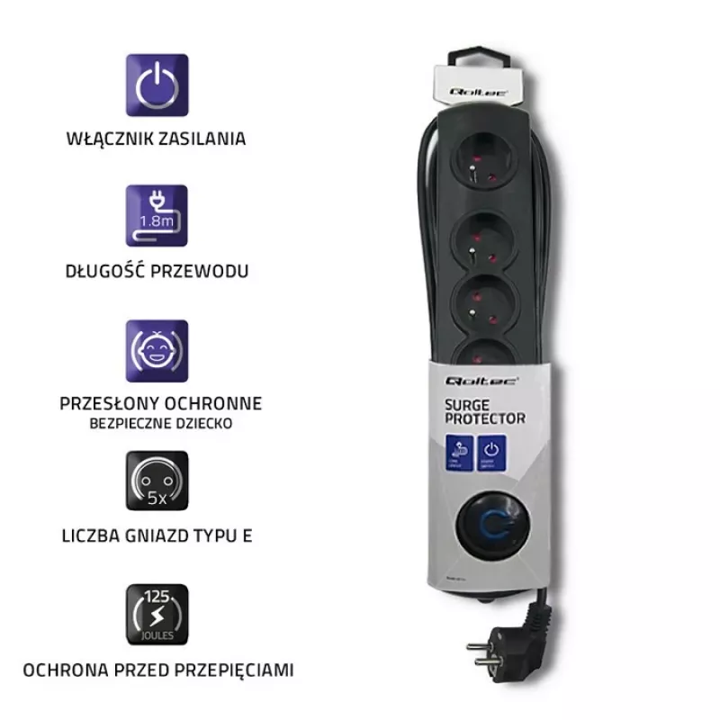 Surge Protector Qoltec 50269 Black 5 AC Outlets 230V