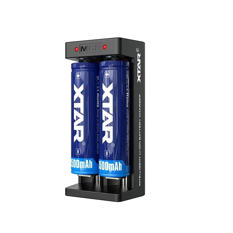 XTAR dual-slot Li-ion battery charger for 18650 cells, USB-C input, 2 slots, black, LED indicators