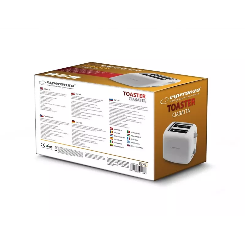 Esperanza EKT002 Ciabatta Toaster, 2 Slots, 600 W, White