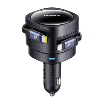Car Charger Baseus Enjoyment Max 60W with USB‑C and Lightning cables, dual‑port fast charging