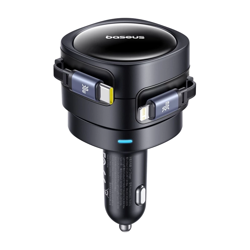 Car Charger Baseus Enjoyment Max 60W with USB‑C and Lightning cables, dual‑port fast charging