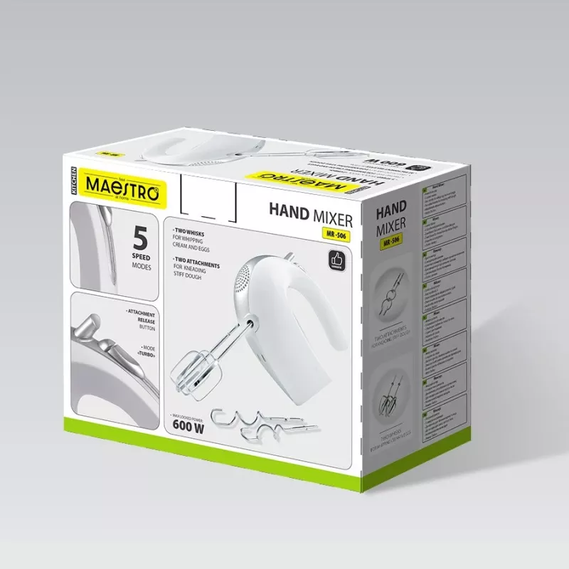 Hand mixer Maestro MR-506 — 2-speed, white, compact kitchen mixer