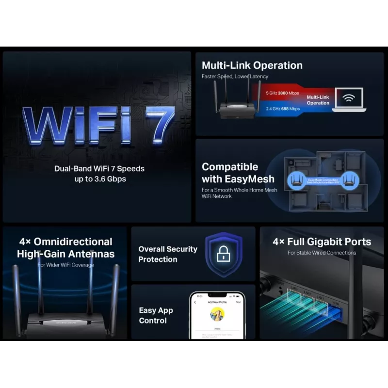 Tabletop router MERCUSYS MR25BE EasyMesh Wi‑Fi 7 dual‑band 2.4/5 GHz, 3600 Mbps, 3× Gigabit LAN, 4 external antennas