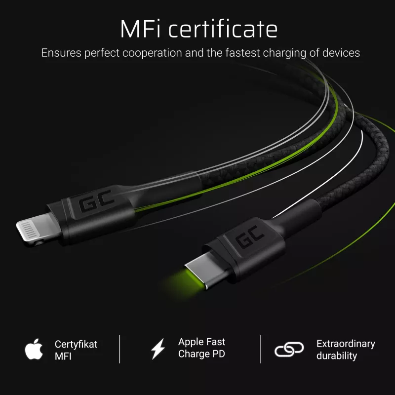 Lightning to USB‑C cable Green Cell KABGC07, 1 m, black, Lightning (male) to USB‑C (male), 480 Mbps