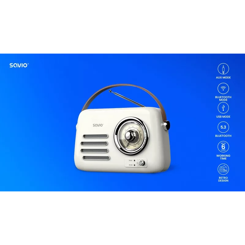 Portable radio SAVIO RS-02 — analog FM tuner, Bluetooth 5.3, USB power, 3 W, white