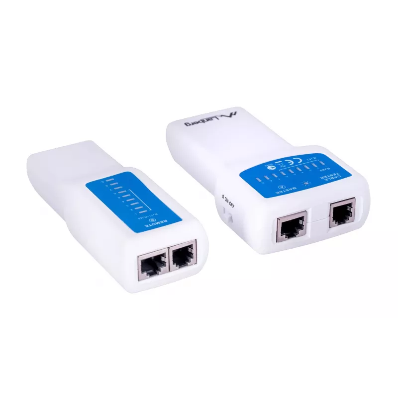 PoE tester LANBERG NT-0402 — PoE network cable tester with RJ-45/RJ-11 support, LED indicators, power LED, on/off switch