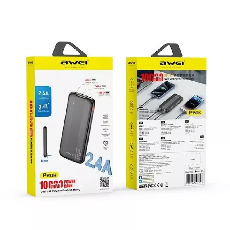 Awei PowerBank P20K 10000mAh Black/Black (10000mAh), Powerbank, Black