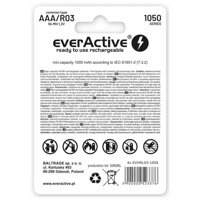 Rechargeable AAA NiMH batteries everActive EVHRL03-550 1.2V 550mAh pack of 4, cylindrical R03