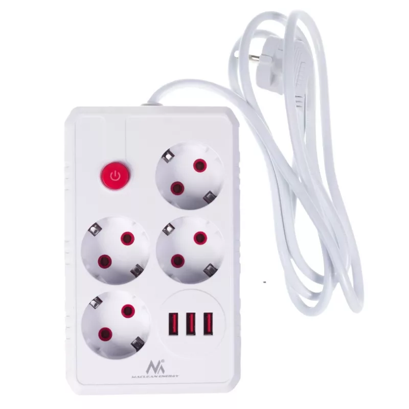 Power strip MACLEAN MCE392 W — 4 F sockets, 3×USB A, 110–240V, 2.1A max, 2500W, 1.5 m cable, white