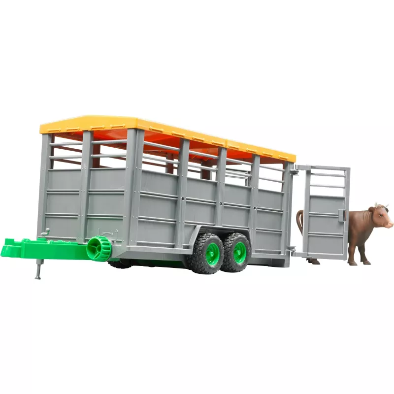 Livestock trailer with 1 cow model accessory, BRUDER, scale 1:16, plastic, green/grey