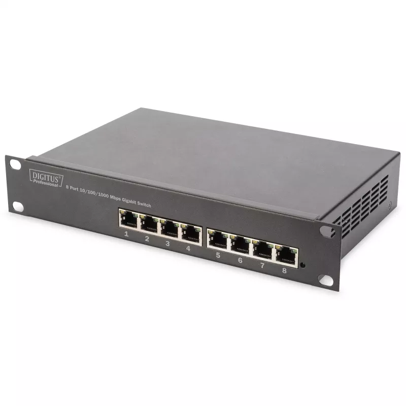 DIGITUS 10 inch Wall-Mounted Network Set 12U, 312 x 300 mm (W x D), Grey RAL 7035, with 8-Port Gigabit Switch, CAT6 Patch Panel, Shelf, Power Strip, and Accessories