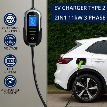 Electric car charger QOLTEC Mobile EV 2in1 Type2 11 kW 400 V Wi‑Fi TUYA SMART LIFE LCD portable wallbox 5 m cable