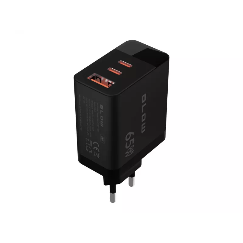 LCD wall charger USB socket + USB-Cx2 PD 65W GAN black wattmeter