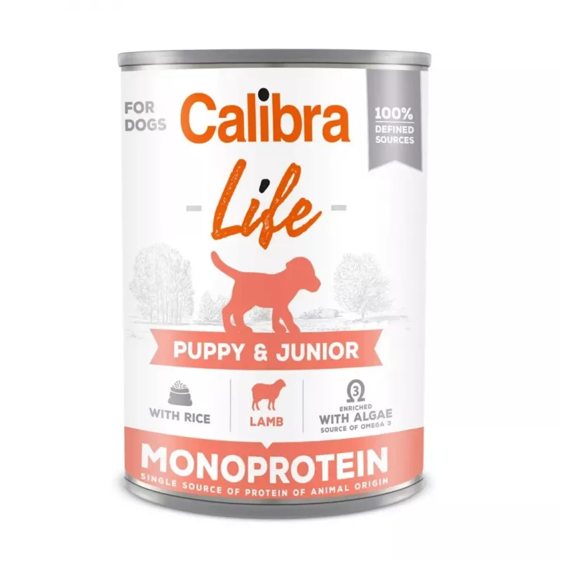 Wet dog food Calibra Puppy & Junior Lamb & Rice — 400 g, complete wet feed for allergic puppies, protein 9.5%, fat 7.5%