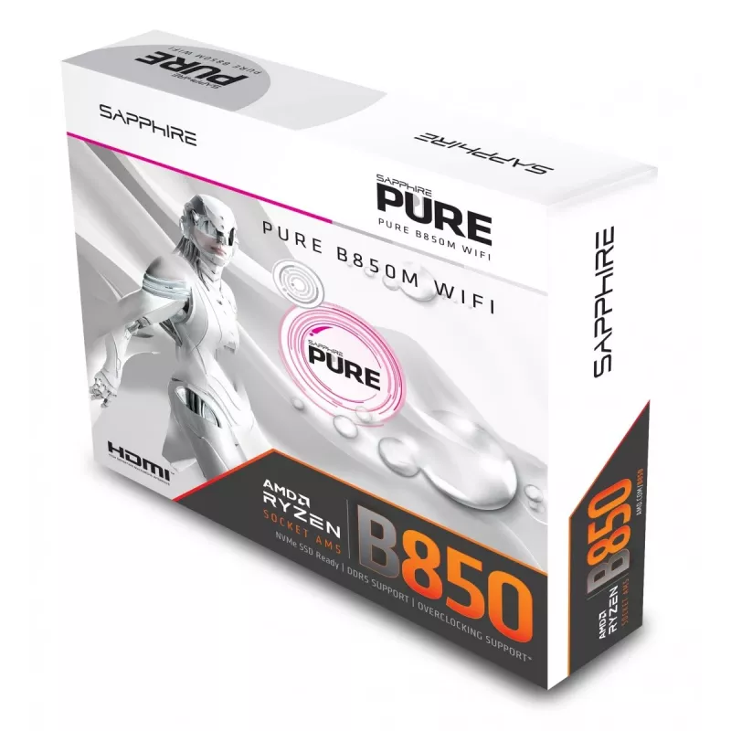 Motherboard Sapphire PURE B850M WIFI Micro ATX — AMD B850, Socket AM5, DDR5 up to 8000 MHz, 4 DIMM, Wi‑Fi 6, 2.5Gb LAN, 2× M.2, PCIe 5.0 x16