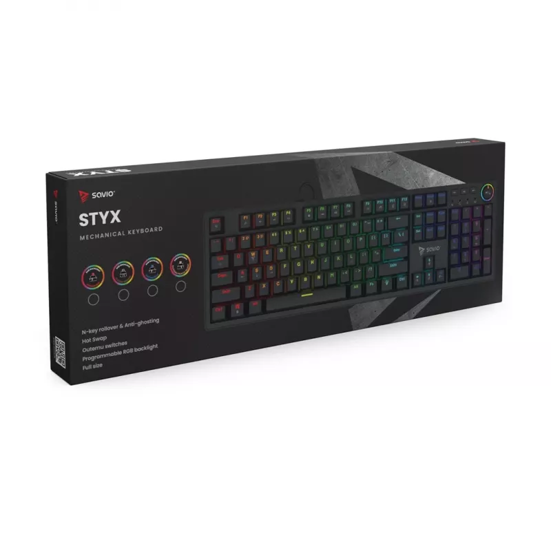Gaming keyboard SAVIO STYX BROWN — mechanical Outemu Brown, QZERTY US International, RGB, USB, full-size 104 keys, black