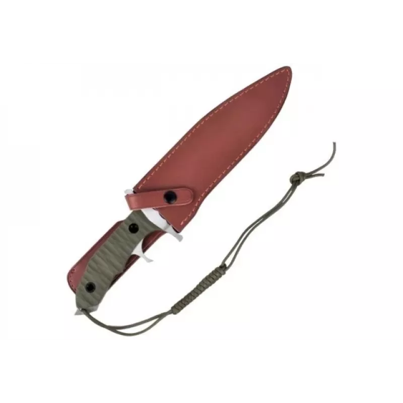 Fixed knife cinema classic CC-H5 Rambo V — Survival knife, steel blade 230 mm, overall length 385 mm, polymer green handle, leather sheath