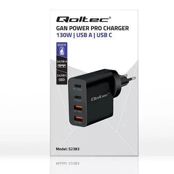 Qoltec GaN POWER PRO Charger | 2xUSB-C | 2xUSB | 130W | 5-20V | 1.5-5A | XP | Black