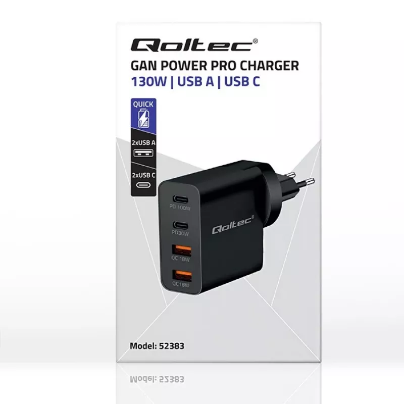 Qoltec GaN POWER PRO Charger | 2xUSB-C | 2xUSB | 130W | 5-20V | 1.5-5A | XP | Black