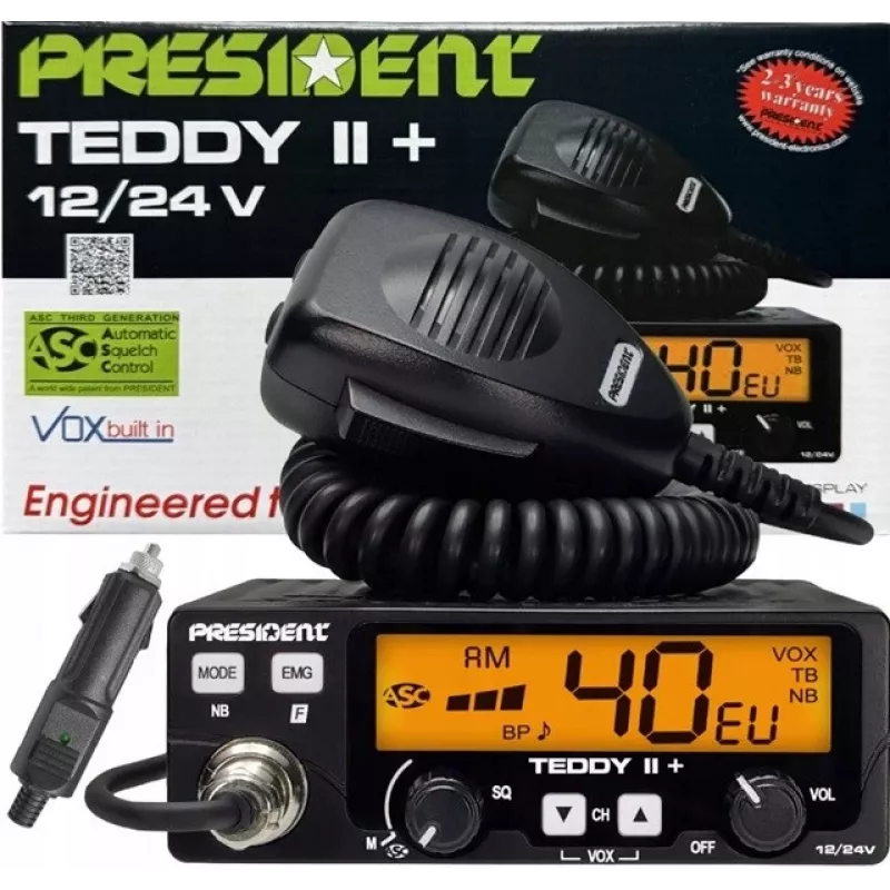 CB radio President Teddy II+ — 40 channels, 4W TX, 12/24V, noise blocker, 125×125×45 mm