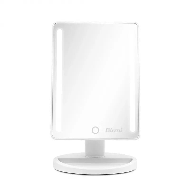 Freestanding Makeup Mirror Girmi BE04 — Rectangular 1x Magnification, White LED, USB/4×AA, 180° Rotation