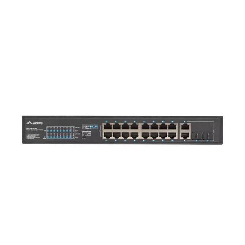 Unmanaged switch LANBERG RSFE-16P-2C-250 — 18-port Gigabit, 16x PoE+ (30W), 2x SFP, 250W, 1U, metal, rack-mount