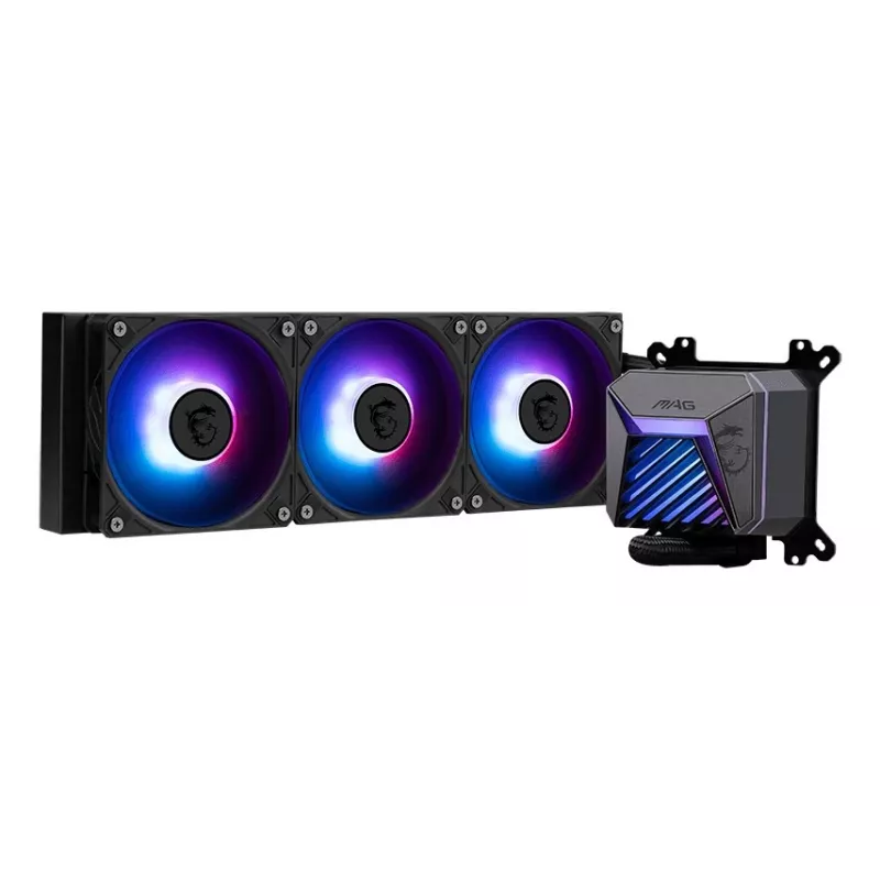 All-in-one liquid cooler MSI MAG Coreliquid A15 360 — 3x 120 mm fans, radiator 394 x 120 x 27 mm, pump 5V, RGB, supports LGA 1851