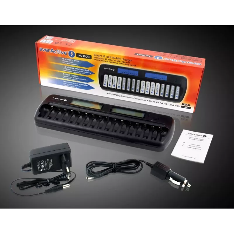 Battery charger everActive NC-1600 — universal DC charger for Li-Ion, supports 16 cells, compatible sizes AA/AAA/C, black, AC 100–240V 50–60Hz